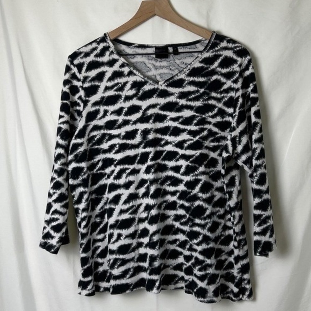 Rafaella Womens V-Neck Long Sleeve Tunic Top Black White Size 3X Casual Layers